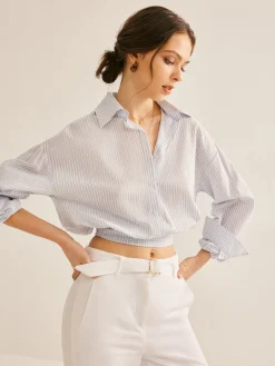 Discount Pinstripe Semi-Sheer Polo Shirt Blouses & Shirts|Tops