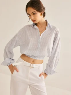 Discount Pinstripe Semi-Sheer Polo Shirt Blouses & Shirts|Tops