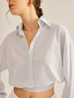 Discount Pinstripe Semi-Sheer Polo Shirt Blouses & Shirts|Tops