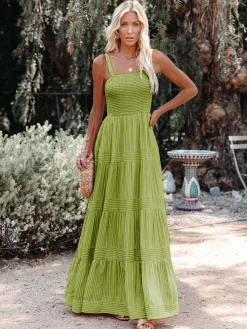 Outlet Pinstripe Shirred Backless Long Cami Dress Casual Dresses|Vacation Dresses
