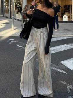 Sale Pinstripe Zippered Wide Leg Pants Wide Leg|Pants