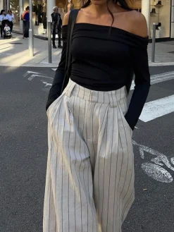 Sale Pinstripe Zippered Wide Leg Pants Wide Leg|Pants
