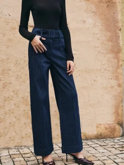Sale Piping Belted Decor Straight Jeans Jeans|Pants