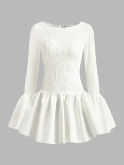 New Piping Pleated Zipper Dress White Dresses|Casual Dresses