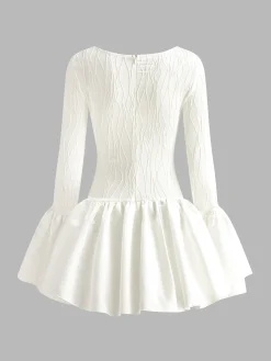 New Piping Pleated Zipper Dress White Dresses|Casual Dresses