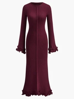 Outlet Piping Ruffle Drawstring Knit Dress White Dresses|Black Dresses