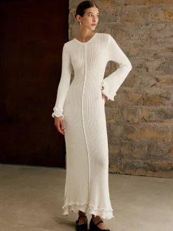 Outlet Piping Ruffle Drawstring Knit Dress White Dresses|Black Dresses