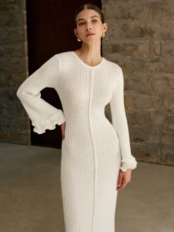 Outlet Piping Ruffle Drawstring Knit Dress White Dresses|Black Dresses