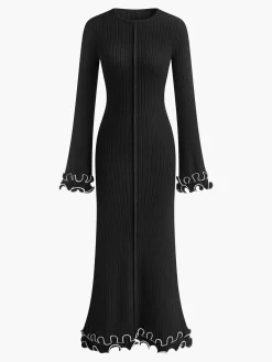Outlet Piping Ruffle Drawstring Knit Dress White Dresses|Black Dresses