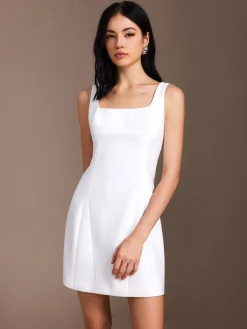 Sale Piping Zipper Solid Short Dress White Dresses|Work Dresses