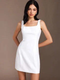 Sale Piping Zipper Solid Short Dress White Dresses|Work Dresses
