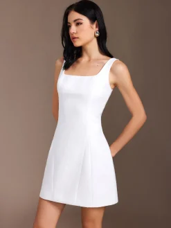 Sale Piping Zipper Solid Short Dress White Dresses|Work Dresses