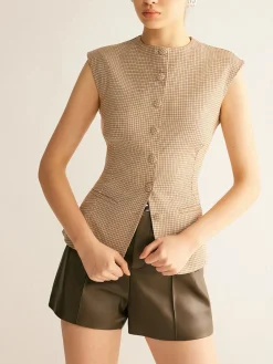 Clearance Plaid Button Down Slim Vest Blouses & Shirts|Vests