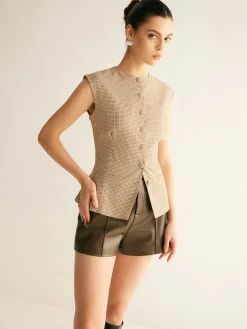 Clearance Plaid Button Down Slim Vest Blouses & Shirts|Vests