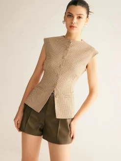 Clearance Plaid Button Down Slim Vest Blouses & Shirts|Vests