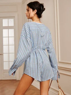 Outlet Plaid Button Pleated Jumpsuit Long Sleeve Sets|Jumpsuits & Rompers
