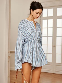Outlet Plaid Button Pleated Jumpsuit Long Sleeve Sets|Jumpsuits & Rompers