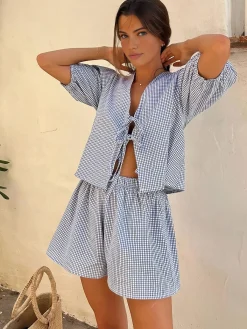 Clearance Plaid Lace Up Shorts Set Shorts Sets|Shorts