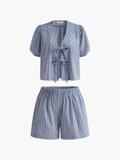 Clearance Plaid Lace Up Shorts Set Shorts Sets|Shorts