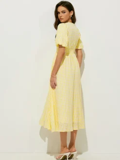 Clearance Plaid Pattern Puff Sleeve V-Neck Midi Dress Cocktail & Party Dresses|Vacation Dresses