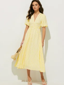 Clearance Plaid Pattern Puff Sleeve V-Neck Midi Dress Cocktail & Party Dresses|Vacation Dresses