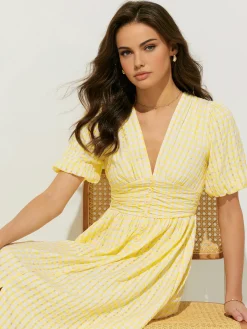 Clearance Plaid Pattern Puff Sleeve V-Neck Midi Dress Cocktail & Party Dresses|Vacation Dresses