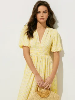 Clearance Plaid Pattern Puff Sleeve V-Neck Midi Dress Cocktail & Party Dresses|Vacation Dresses