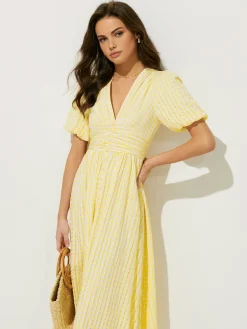Clearance Plaid Pattern Puff Sleeve V-Neck Midi Dress Cocktail & Party Dresses|Vacation Dresses