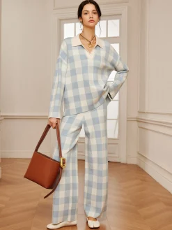 Outlet Plaid Polo Collar Sweater Co-ords Sweater Tops|Long Sleeve Sets