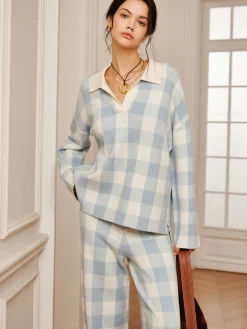 Outlet Plaid Polo Collar Sweater Co-ords Sweater Tops|Long Sleeve Sets