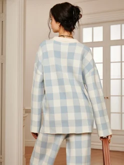 Outlet Plaid Polo Collar Sweater Co-ords Sweater Tops|Long Sleeve Sets