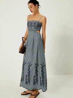 Best Plaid Print Embroidered Cutout Cami Long Dress Work Dresses|Cocktail & Party Dresses