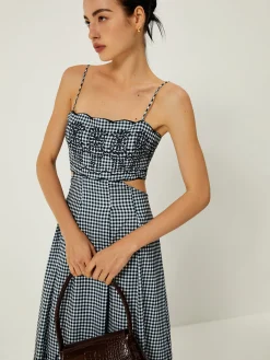 Best Plaid Print Embroidered Cutout Cami Long Dress Work Dresses|Cocktail & Party Dresses