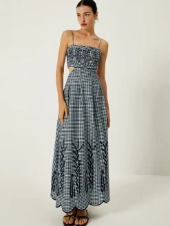 Best Plaid Print Embroidered Cutout Cami Long Dress Work Dresses|Cocktail & Party Dresses