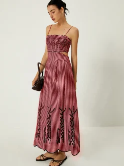 Best Plaid Print Embroidered Cutout Cami Long Dress Work Dresses|Cocktail & Party Dresses