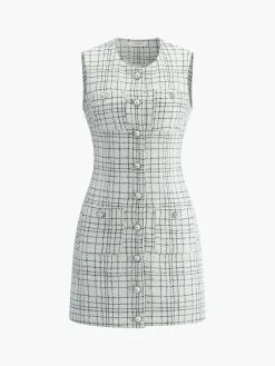 Online Plaid Print Pearl Button Sleeveless Short Dress White Dresses|Casual Dresses