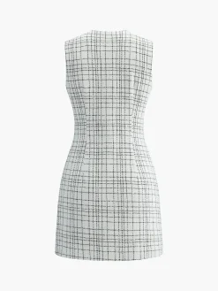 Online Plaid Print Pearl Button Sleeveless Short Dress White Dresses|Casual Dresses
