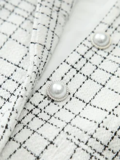 Online Plaid Print Pearl Button Sleeveless Short Dress White Dresses|Casual Dresses