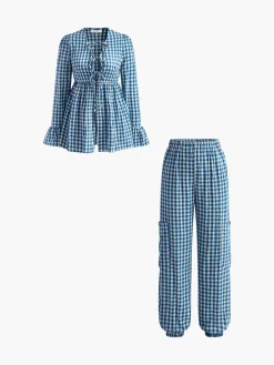 New Plaid Ruffle Elastic Waist Pants Set Pants Sets|Matching Sets