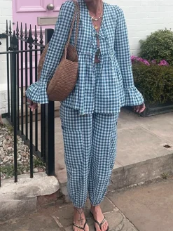 New Plaid Ruffle Elastic Waist Pants Set Pants Sets|Matching Sets