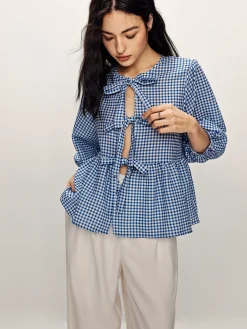 Hot Plaid Tie Front Half Sleeve Blouse Blouses & Shirts|Tops