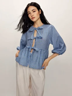 Hot Plaid Tie Front Half Sleeve Blouse Blouses & Shirts|Tops