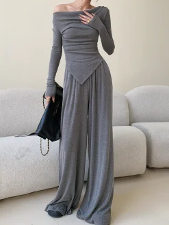 Sale Plain Asymmetrical Draped Pants Set Pants Sets|Matching Sets