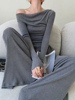 Sale Plain Asymmetrical Draped Pants Set Pants Sets|Matching Sets