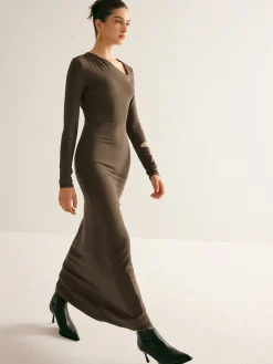 Online Plain Asymmetrical Neck Long Dress Casual Dresses|Long Dresses