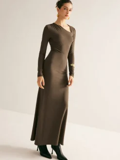 Online Plain Asymmetrical Neck Long Dress Casual Dresses|Long Dresses