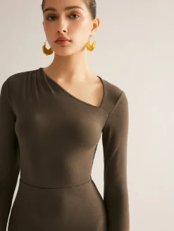 Online Plain Asymmetrical Neck Long Dress Casual Dresses|Long Dresses