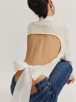 Plain Backless Bow Knit Top Sweater Tops|Sweaters & Cardigans