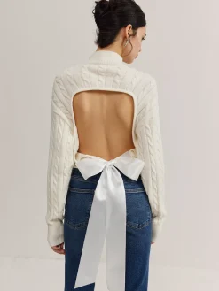 Plain Backless Bow Knit Top Sweater Tops|Sweaters & Cardigans