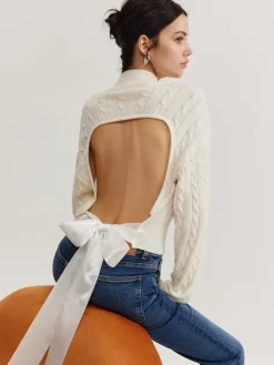 Plain Backless Bow Knit Top Sweater Tops|Sweaters & Cardigans